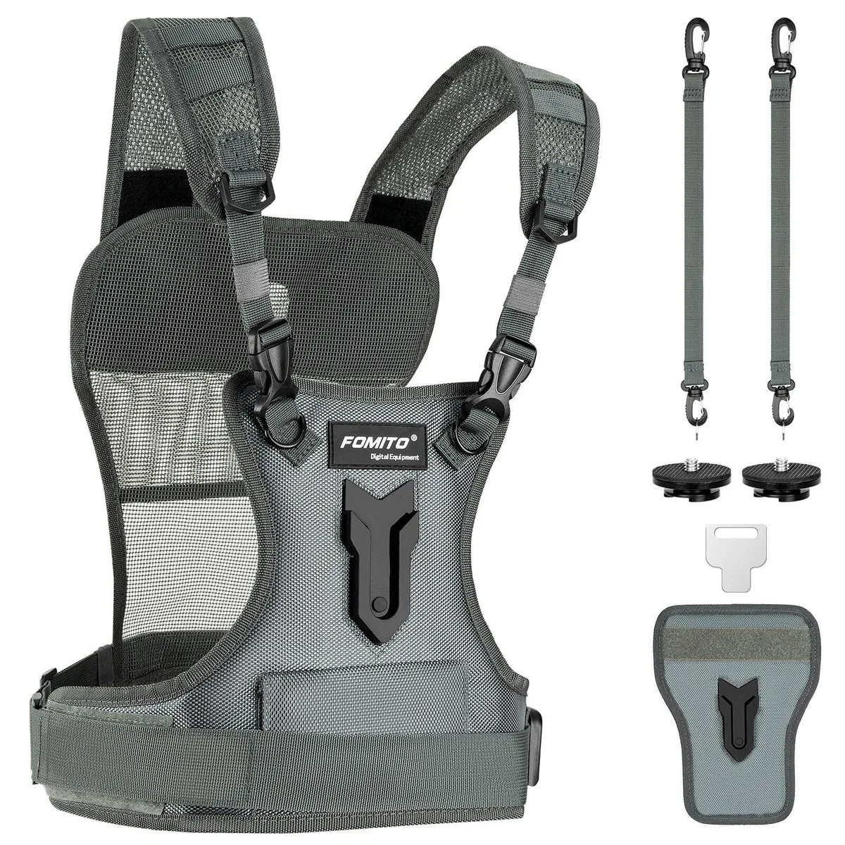 Gray nylon dual-camera chest harness with side holster, adjustable padded straps and heavy-duty buckles