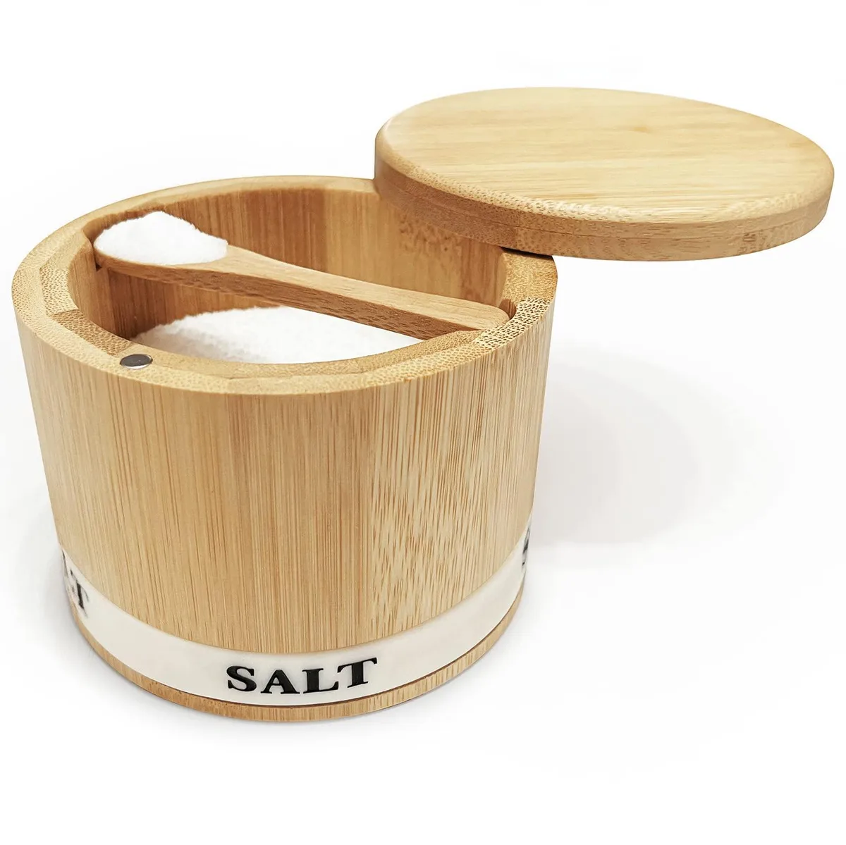 Square yellow bamboo salt cellar with magnetic swivel lid and built-in spoon