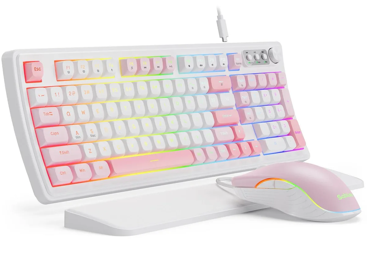  SABLUTE 98-Key Quiet Membrane Gaming Keyboard and Mouse Set - Pink/White — product photo