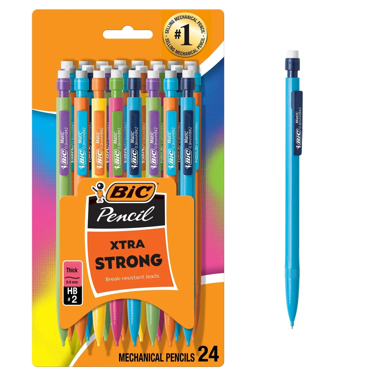Blue mechanical pencils in a 24-count pack, 0.9 mm thick point, refillable with eraser and pocket clip