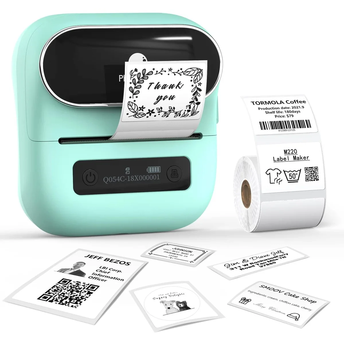 Compact white rectangular thermal label printer with USB-C port and sample label roll