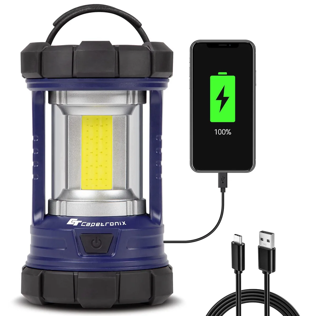 Black cylindrical lantern with collapsible hook, rubberised ends, Type-C and USB ports