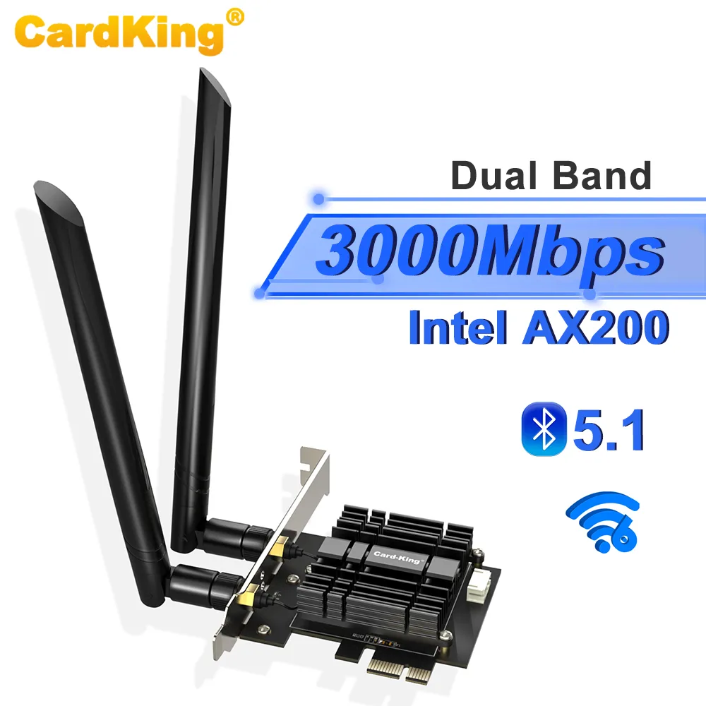 SMA SMA Wi-Fi 6 AX3000 PCIe Adapter Intel AX200 Bluetooth 5.1 Heat Sink Dual Band Antenna Low-Profile Bracket — product photo