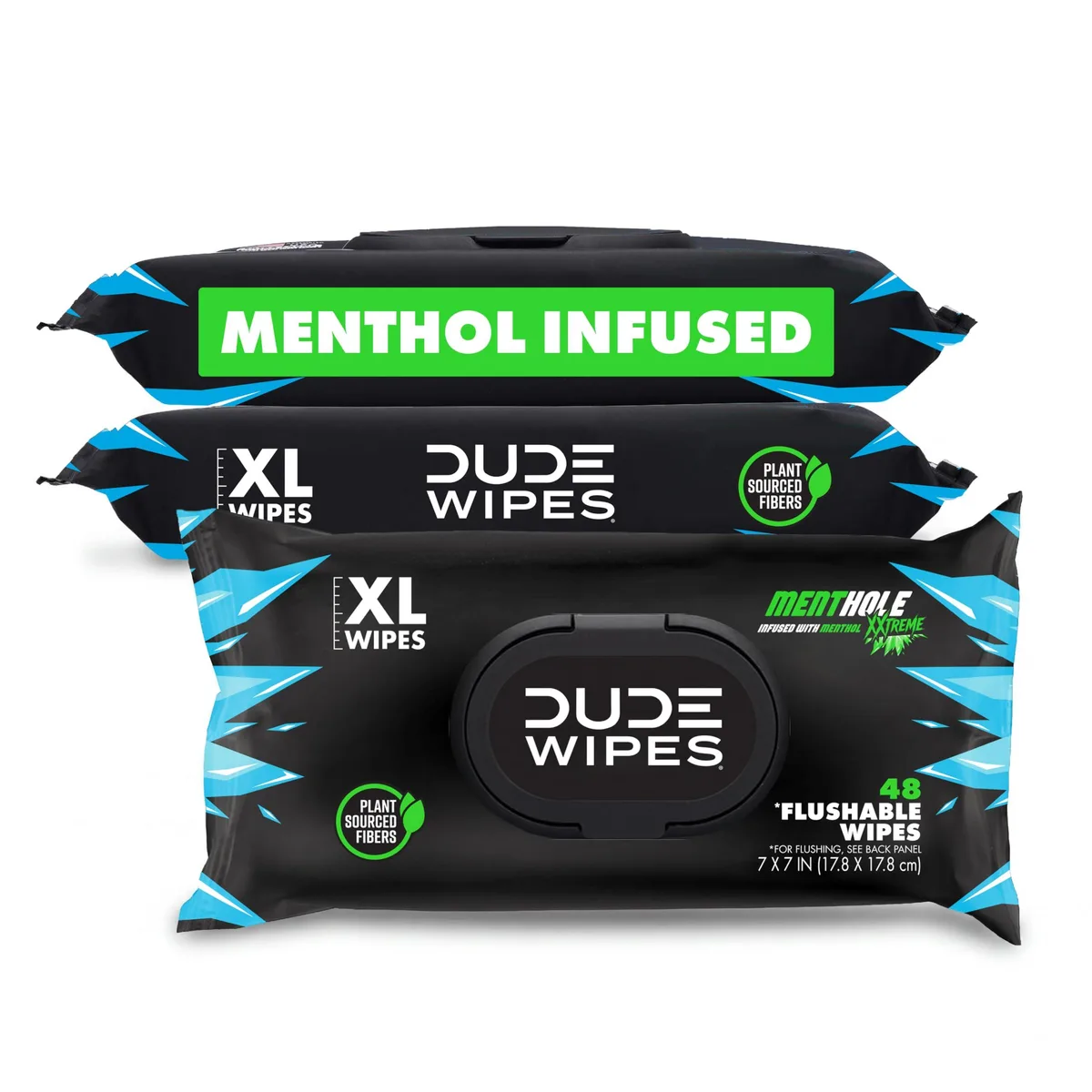 Three rectangular packs of flushable wipes, plastic-free packaging, plant-sourced fibers, menthol scent