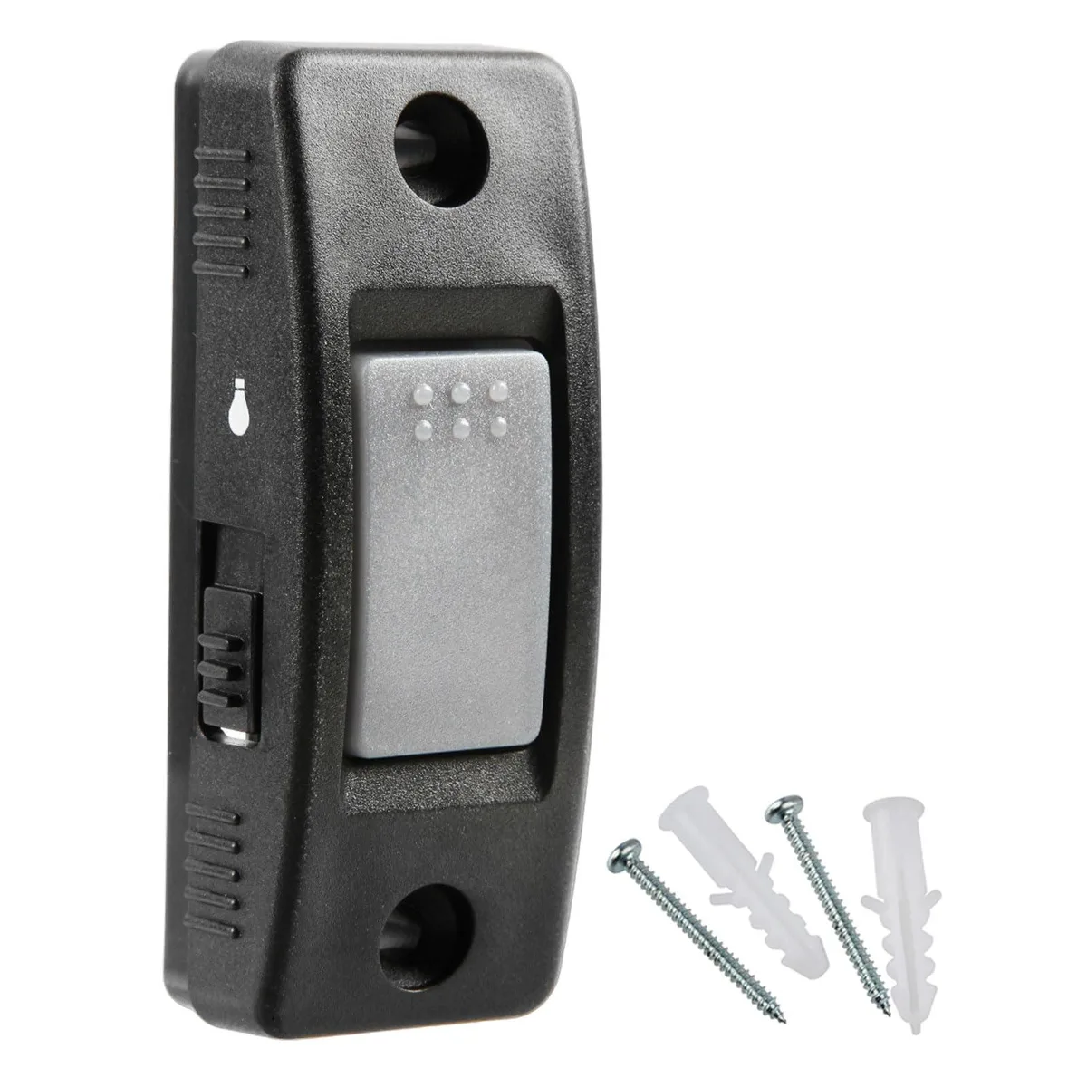 Small rectangular white wall switch with single push button