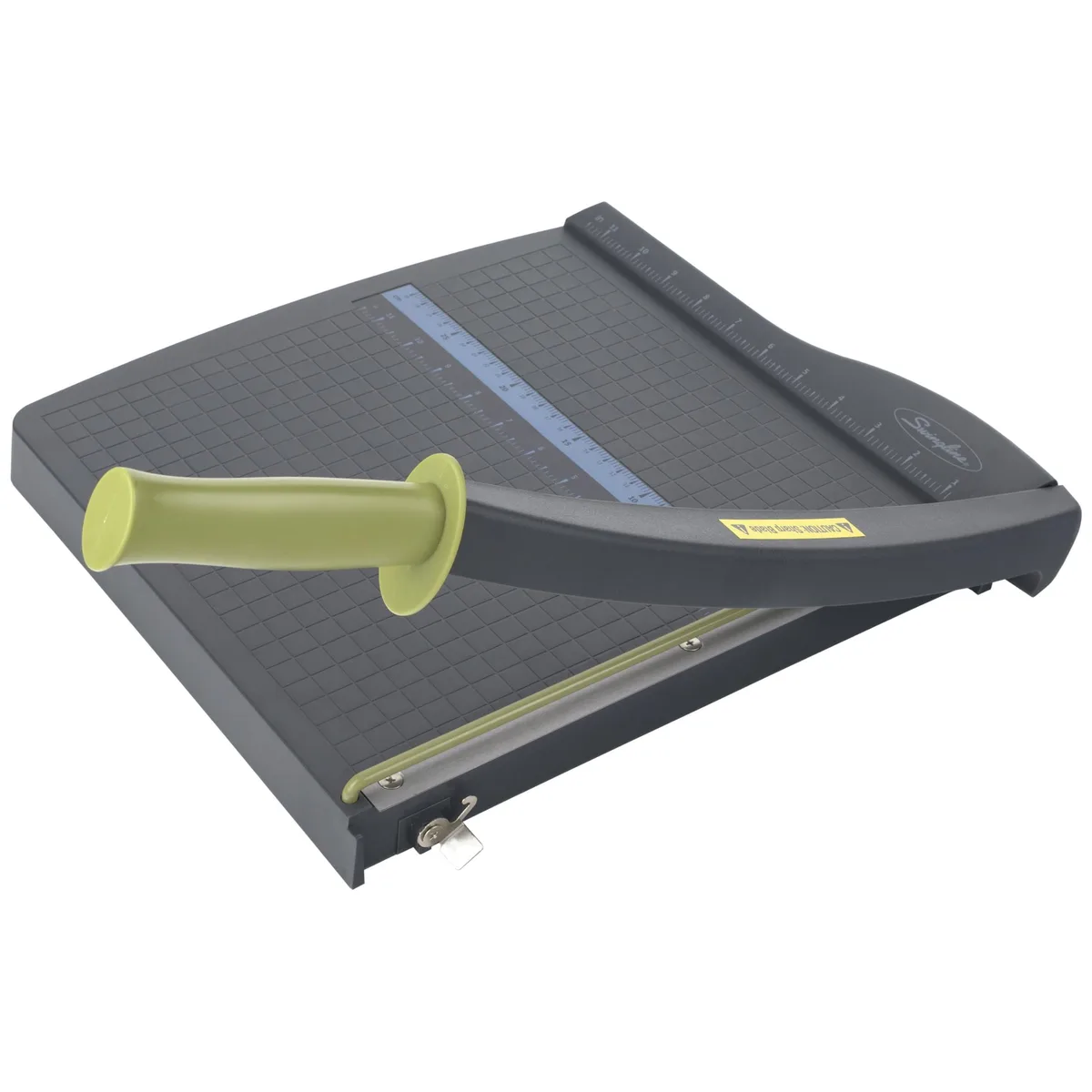 Grey plastic guillotine paper trimmer with alignment grid and safety guard rail