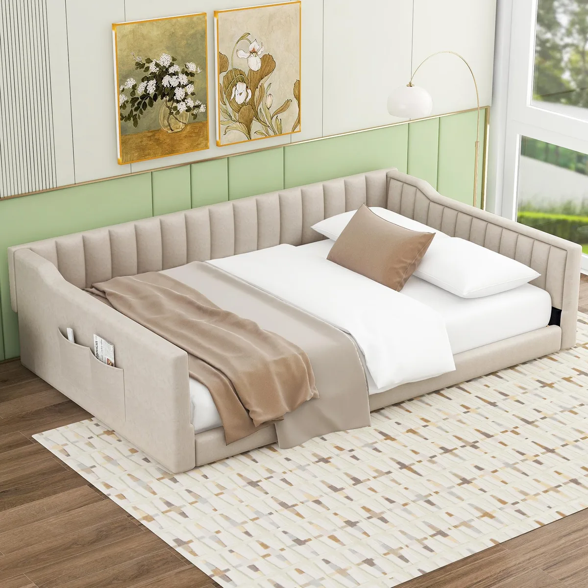 Beige velvet upholstered Full XL daybed with side storage pocket