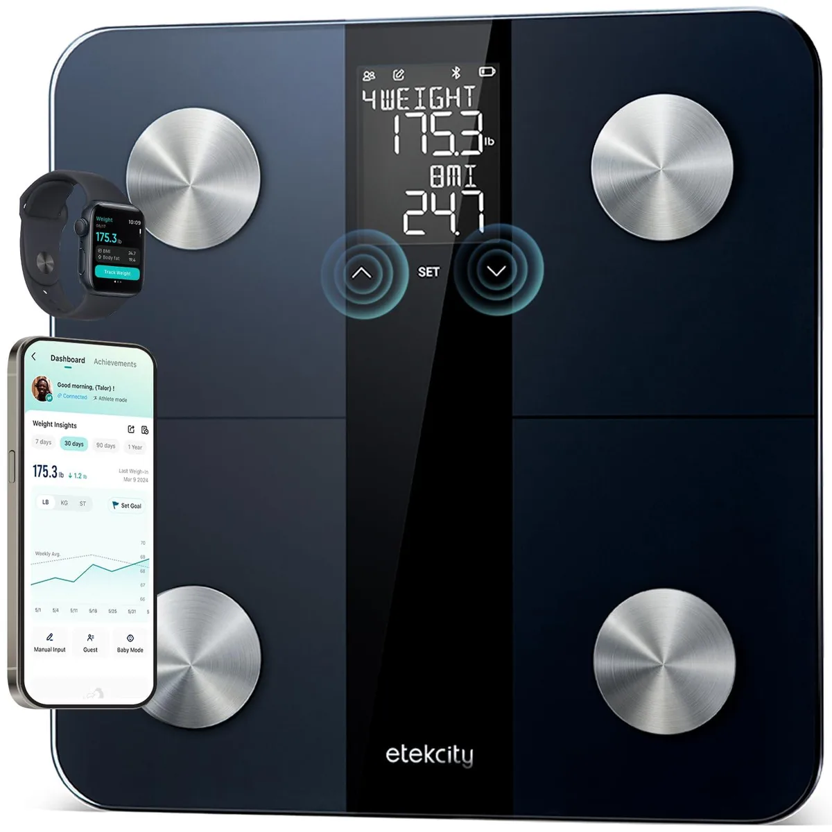 Black glass smart scale with silver electrodes and digital display
