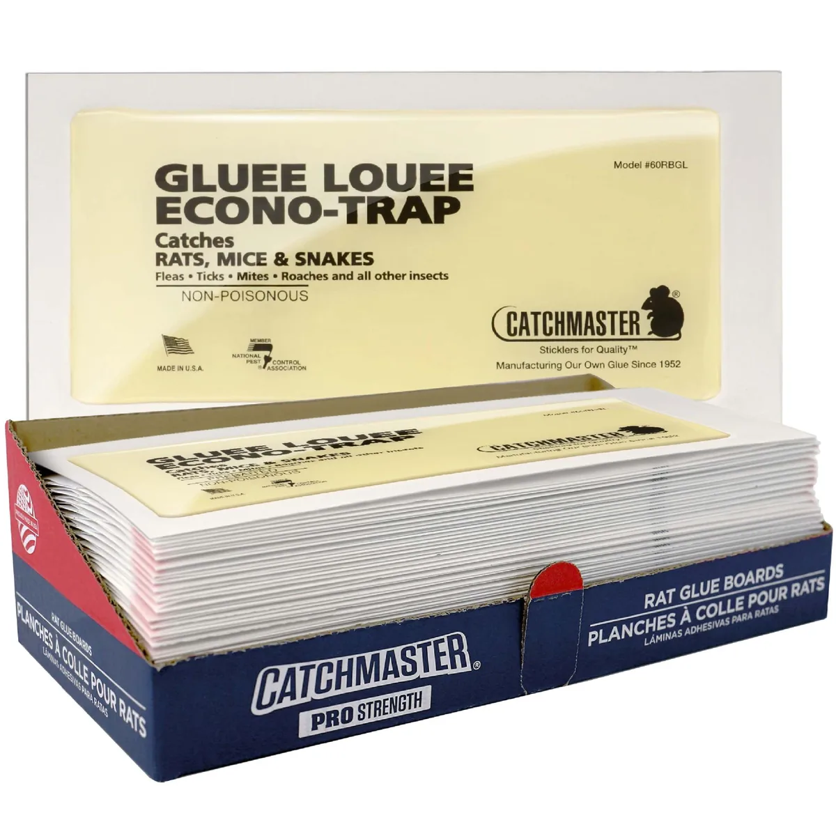 Box containing thirty large rectangular glue boards with perforated edges and a white protective liner