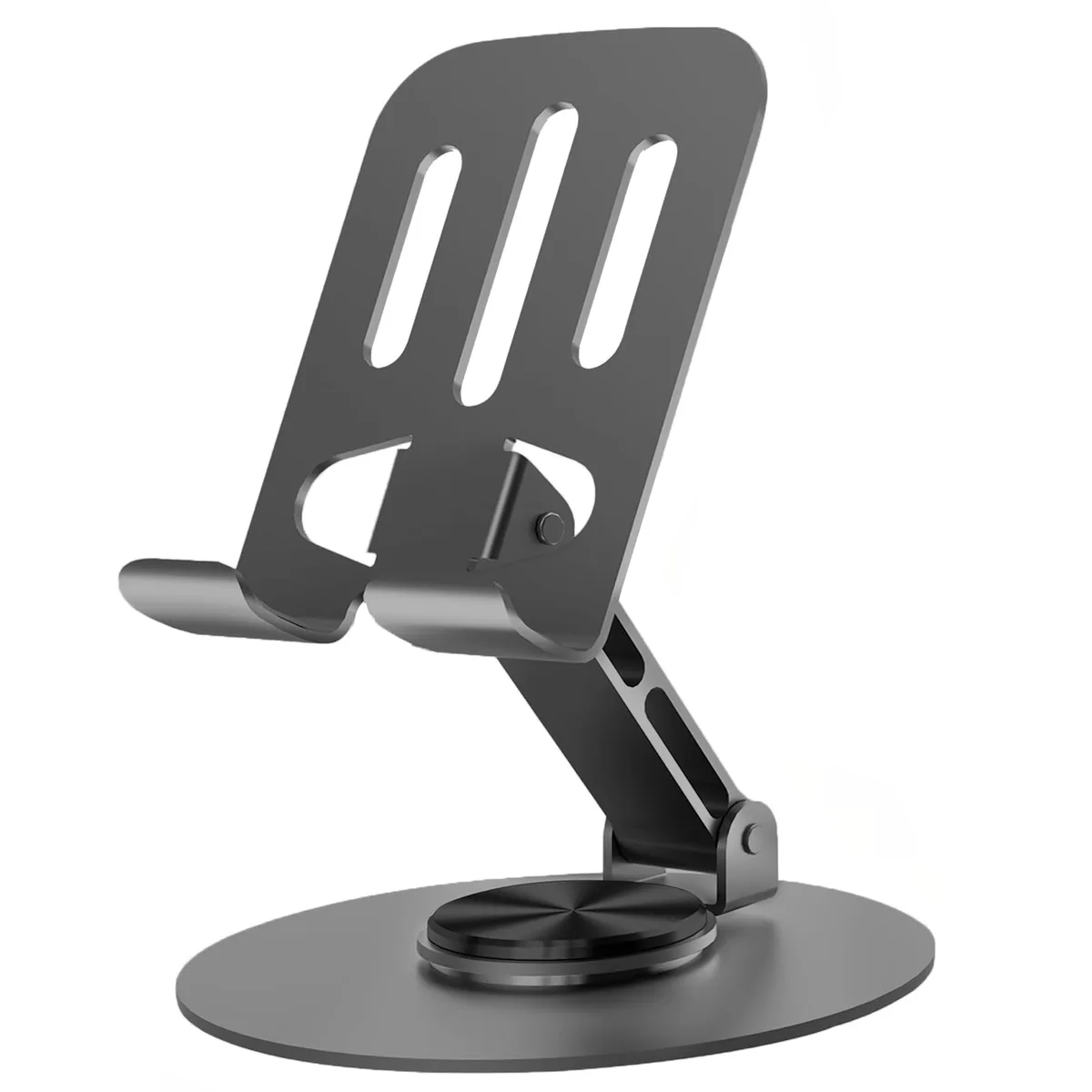Grey metal gimbal phone mount with adjustable arms and rotating base