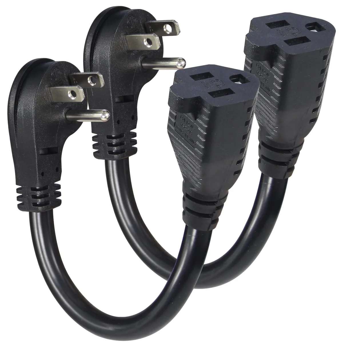  KUNCAN 6-Inch Power Extension Cord 14AWG 15A 125V 45° Flat Plug NEMA 5-15P to 5-15R Black 2-Pack — product photo