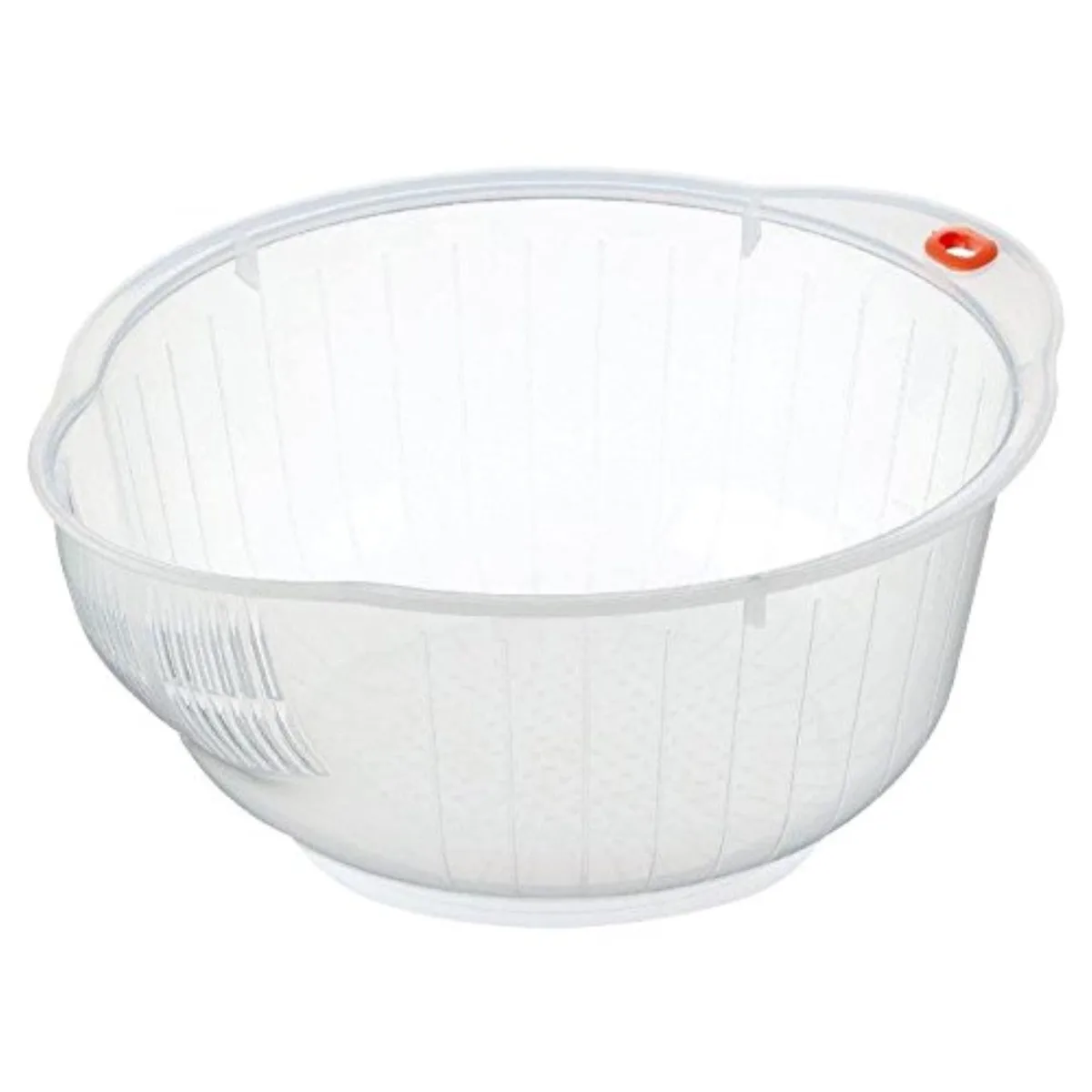 Round brown and red plastic bowl with side drain slots, 2-quart capacity