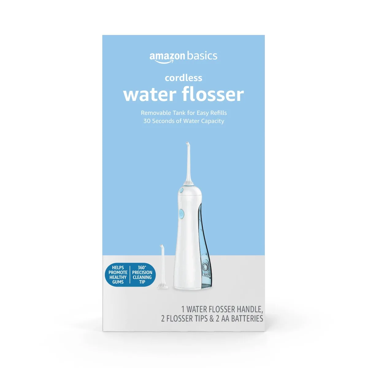 White handheld water flosser with removable tank and two tips