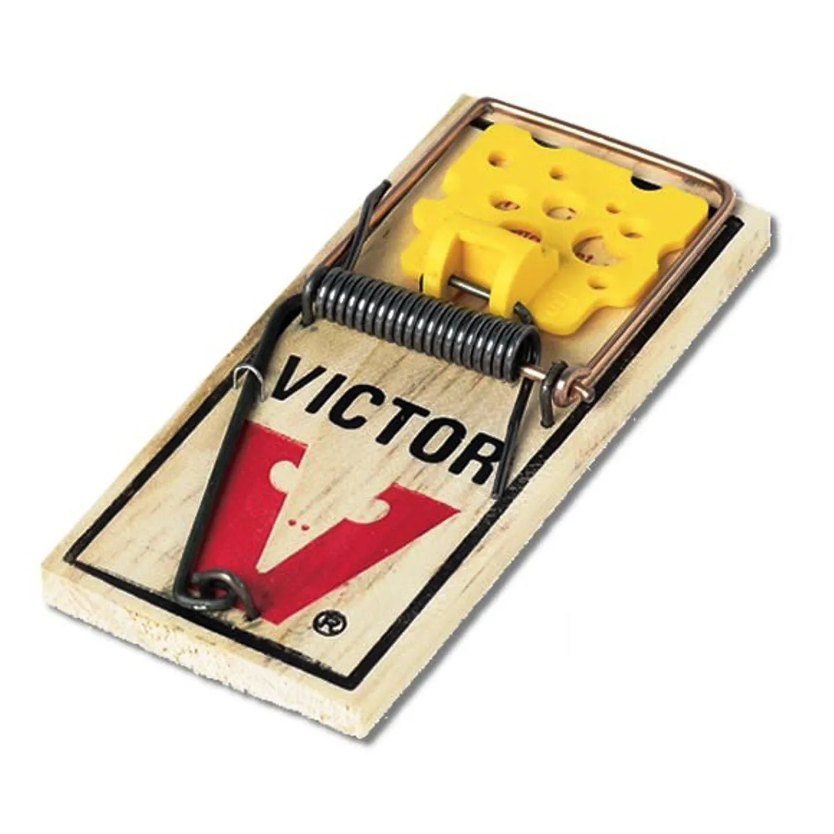 Six wooden snap traps with metal bars and yellow triggers on a light background
