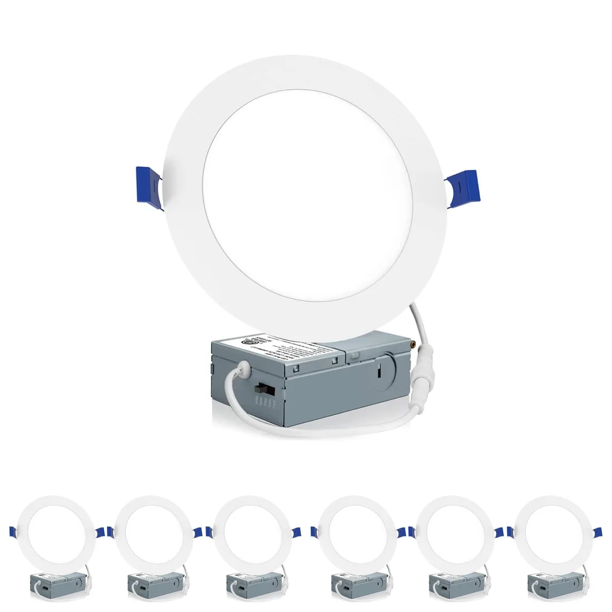 Six white ultra-thin LED recessed lights with clear prismatic lenses and junction boxes