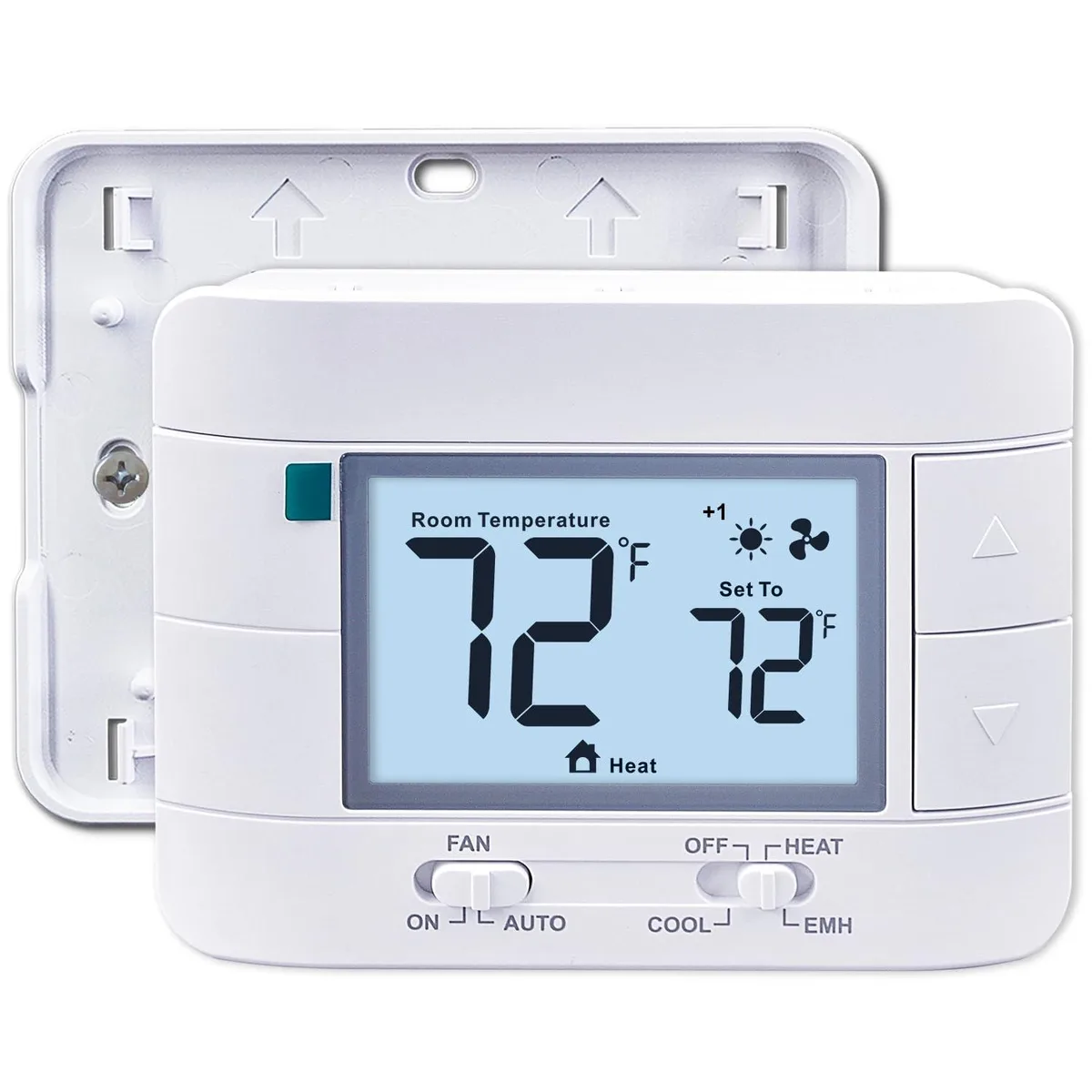 White rectangular wall thermostat with backlit display showing temperature and humidity