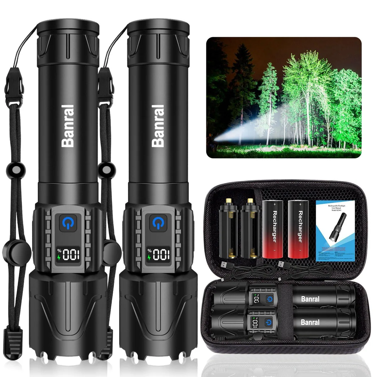 Black cylindrical aluminium flashlight with USB-C port and LCD power display