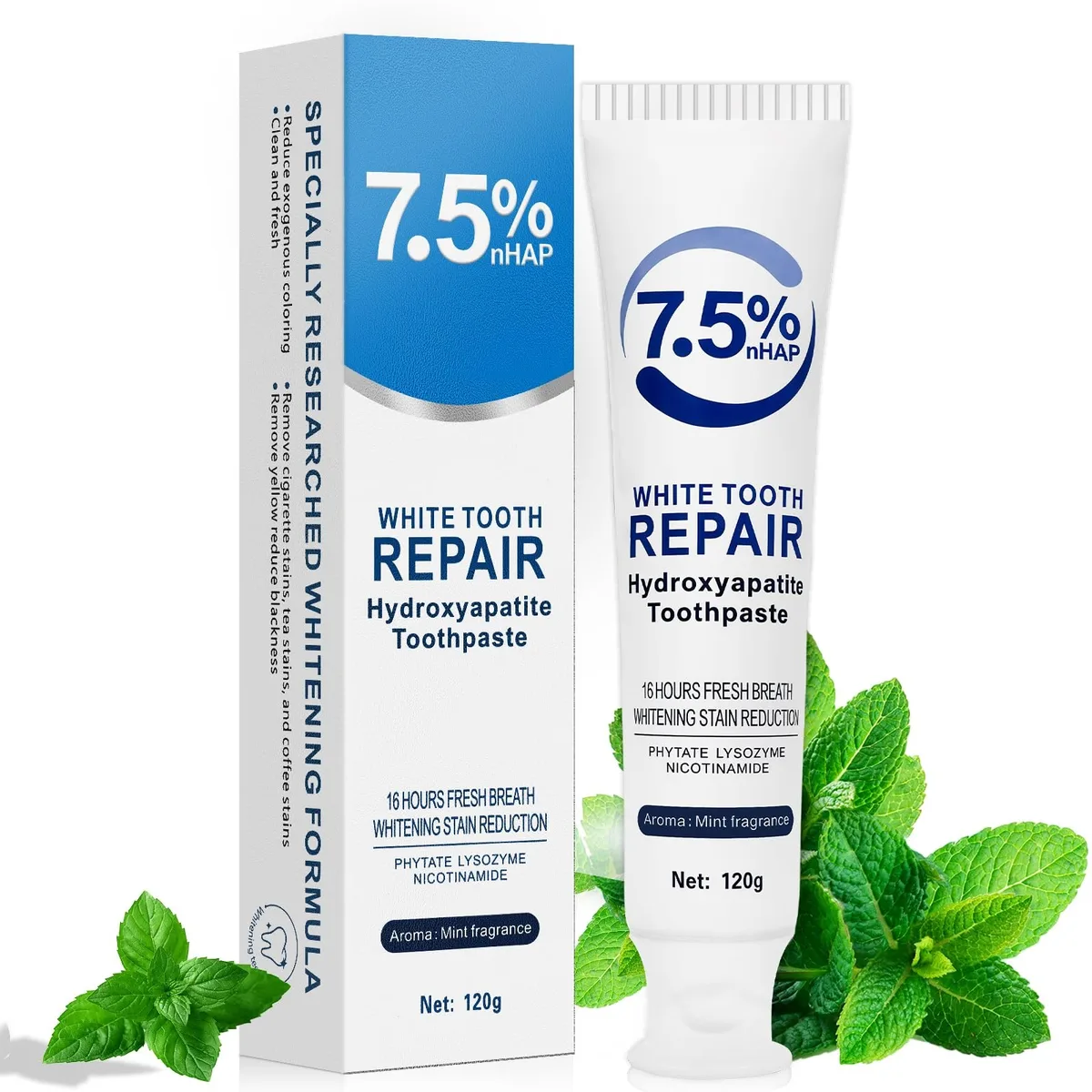 White 120g plastic toothpaste tube with flip-top cap