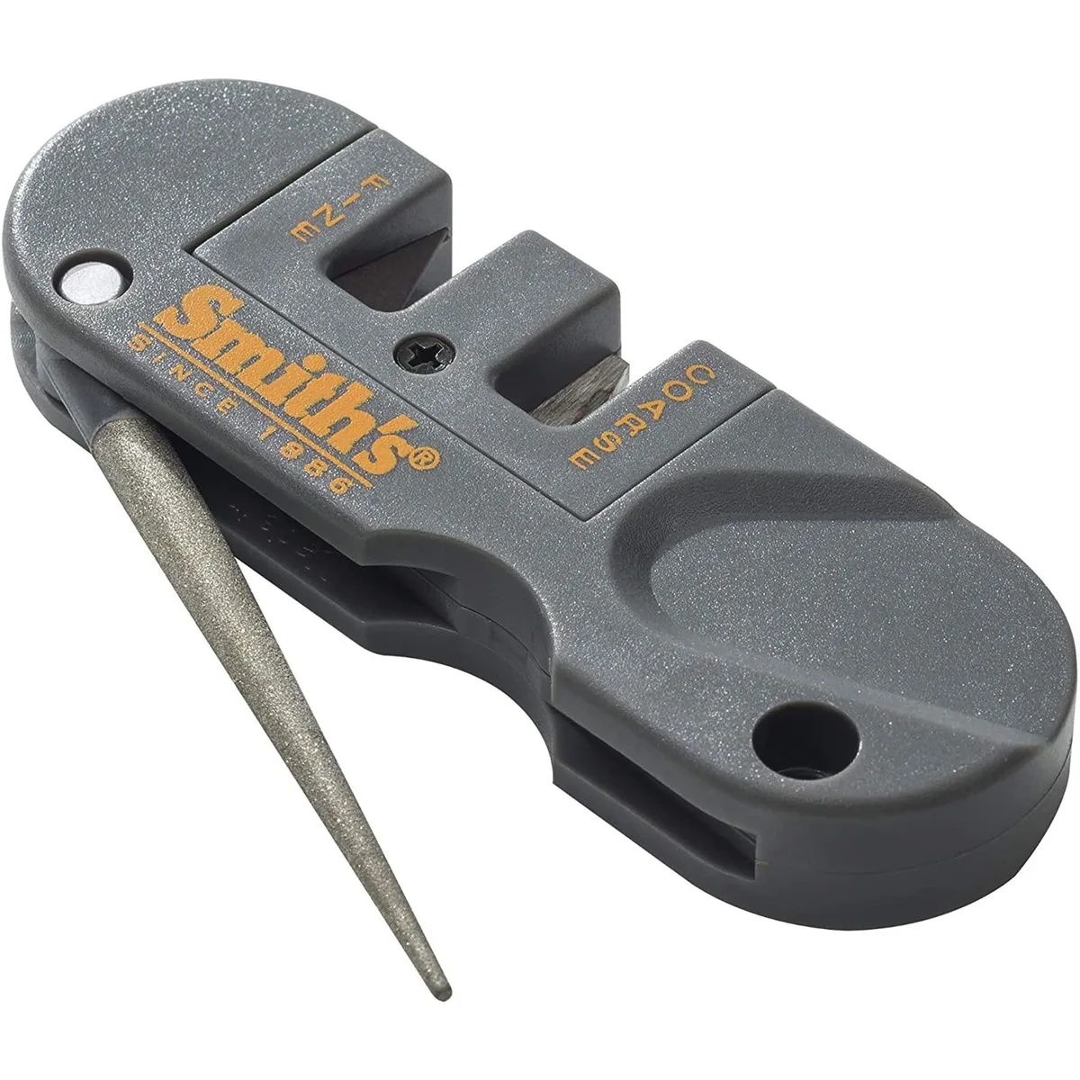 Black plastic handheld sharpener, 3.5 inches long with fold-out diamond rod