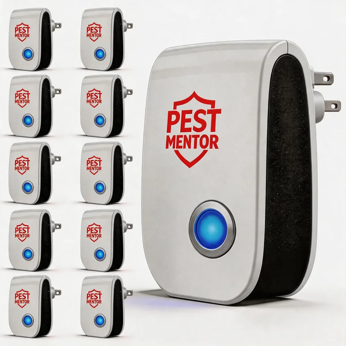 Ten white ultrasonic pest repellers with blue night lights