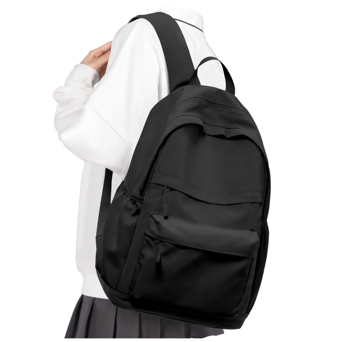 Medium beige nylon laptop backpack with adjustable straps and multiple pockets