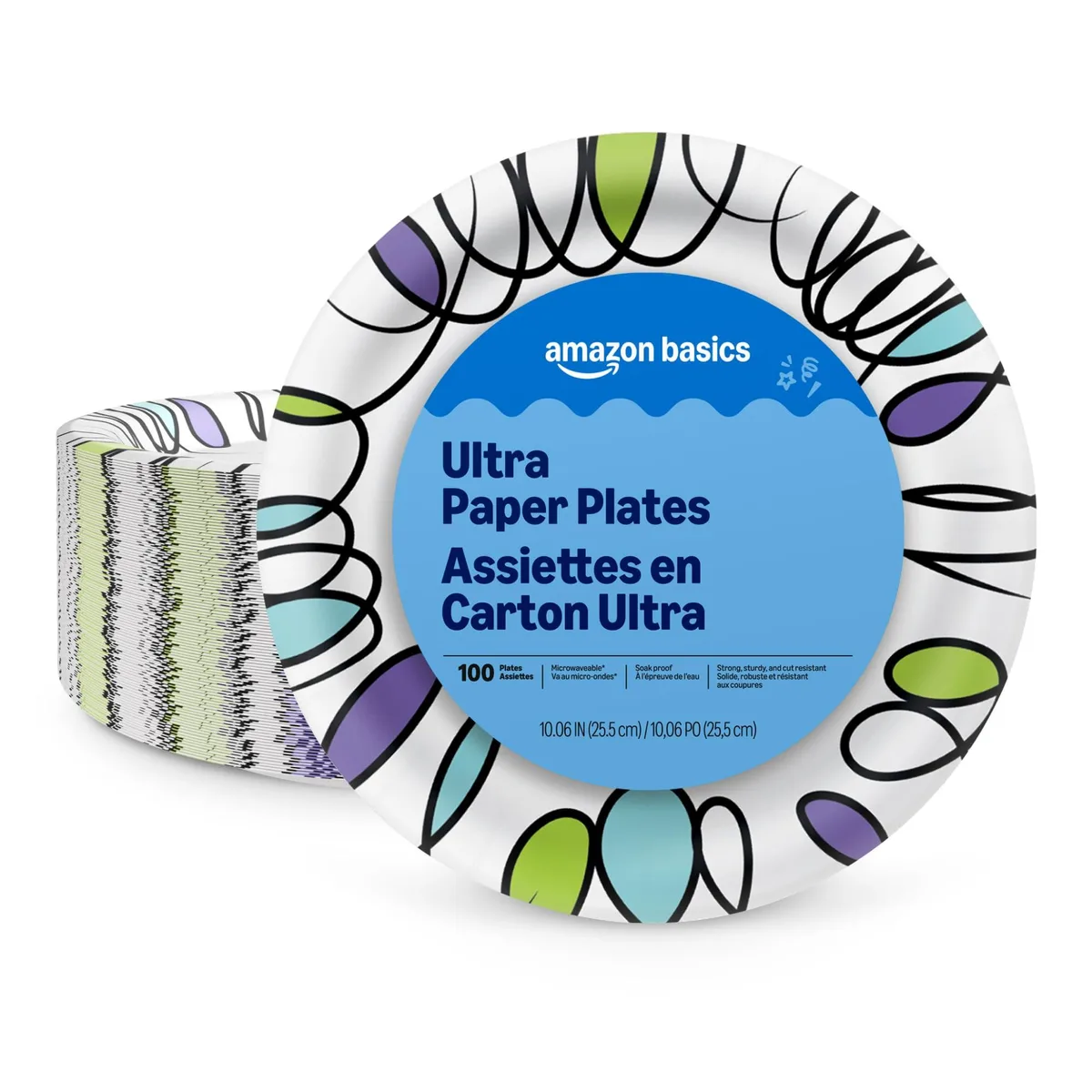 Stack of 100 multicolour 10-inch paper plates with NFL rim design