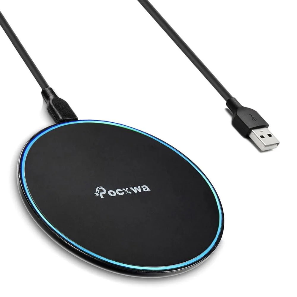 Flat circular charging pad with dark non-slip surface and subtle LED indicator ring