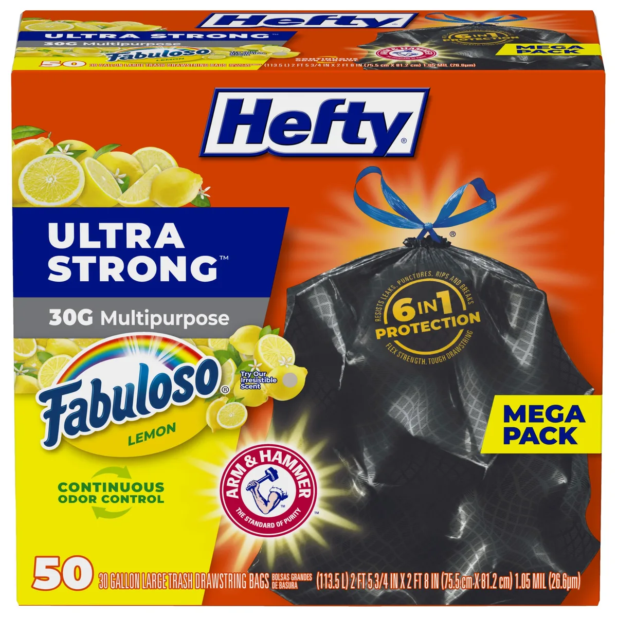  Hefty Ultra Strong 30 Gallon Trash Bags Black Fabuloso Lemon 50 Count — product photo