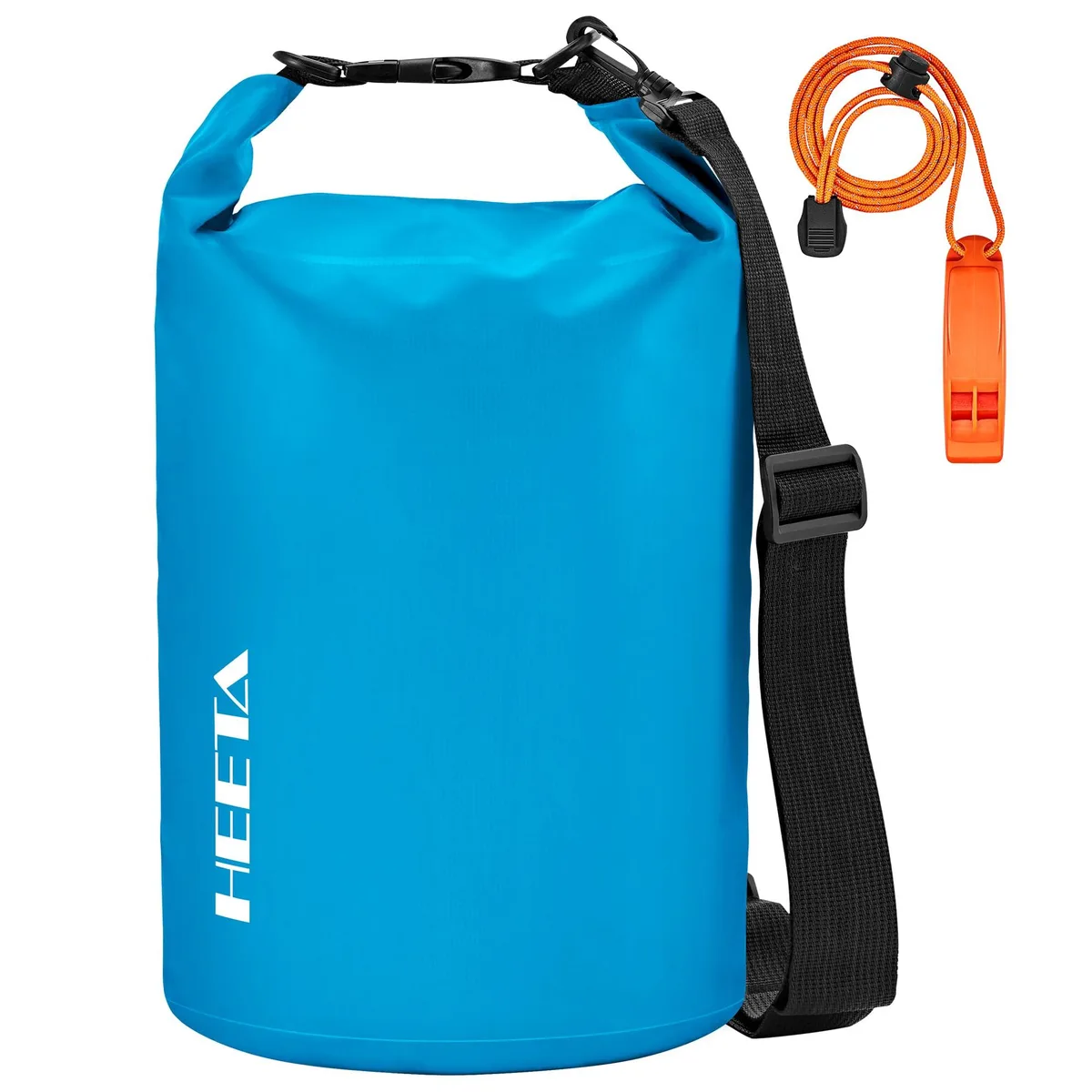Blue cylindrical 5L dry bag with roll-top closure, PVC fabric, adjustable shoulder strap and whistle attached