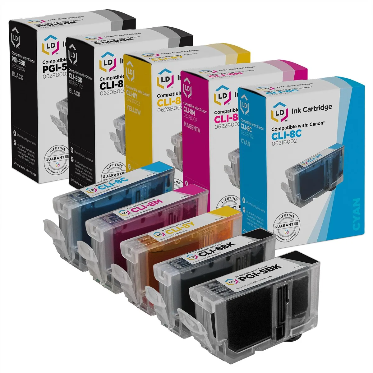 Five rectangular ink cartridges in black, cyan, magenta, yellow and pigment black packaging