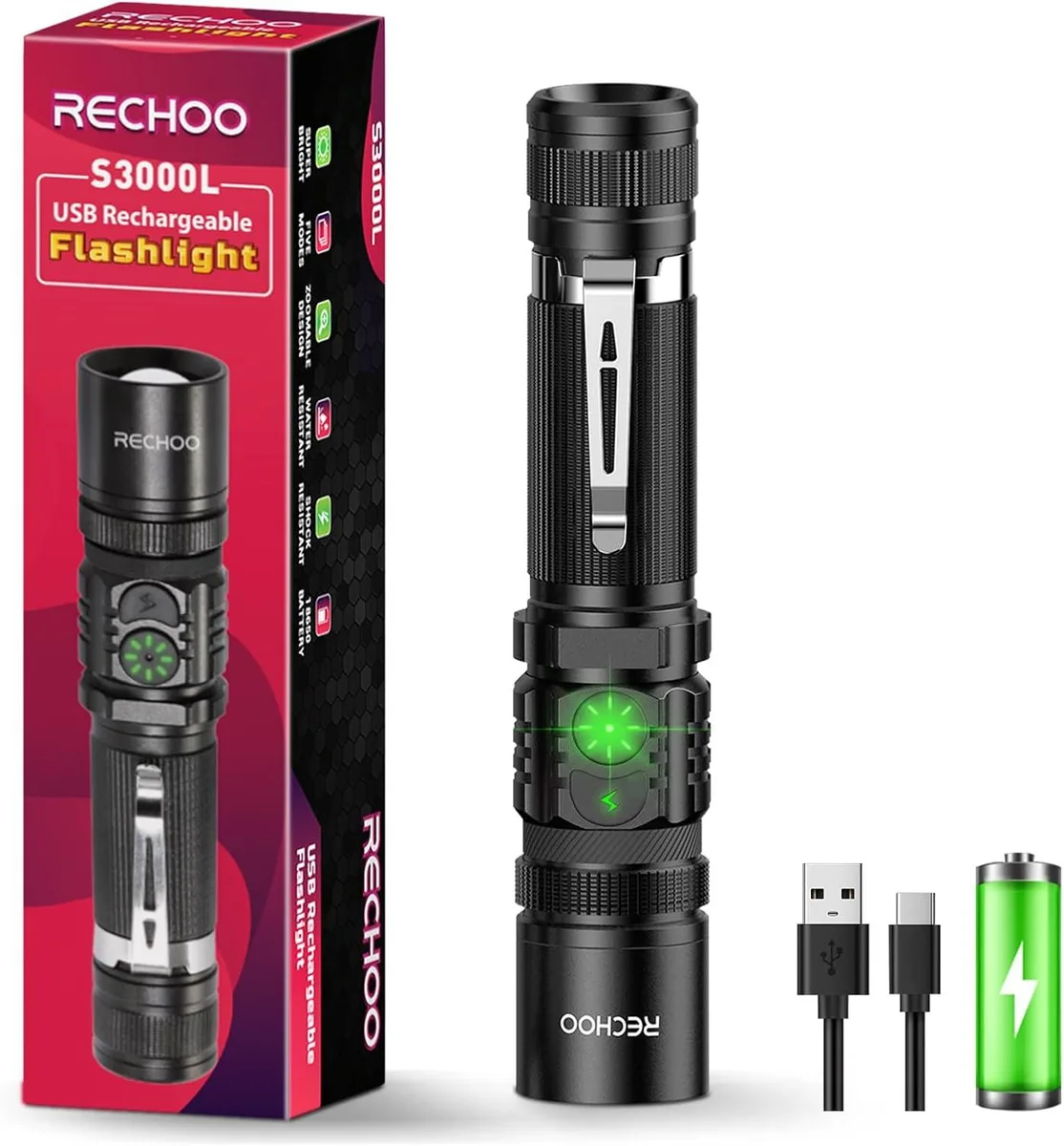 Cylindrical aluminium flashlight with dual tail switches and USB-C charging port