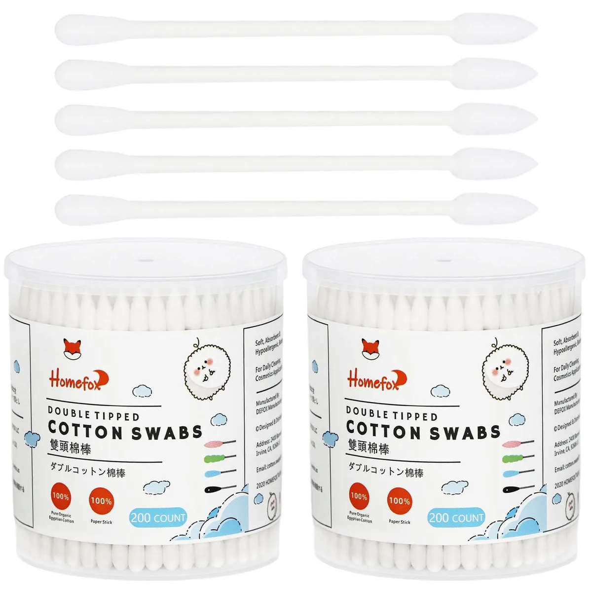 Clear plastic box holding 400 white cotton swabs with pointed and rounded tips