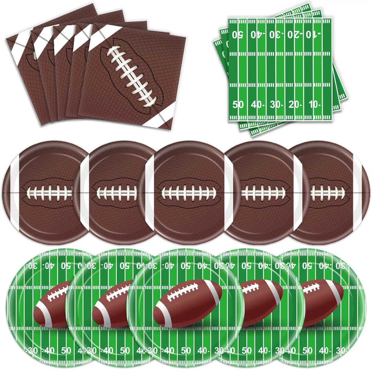 Gold football-theme party set with paper plates and napkins for 24 guests