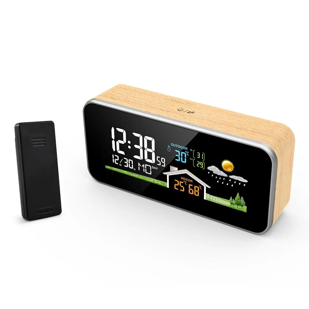 DURFICST DURFICST FJ1005A Weather Station Home Accent Wood LED DCF Radio 4 Brightness 200ft Range — product photo
