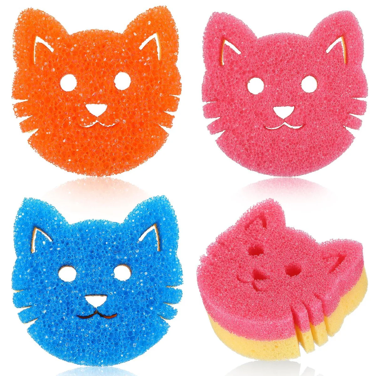 Three cat-shaped dual-sided scrub sponges in pink orange royal blue
