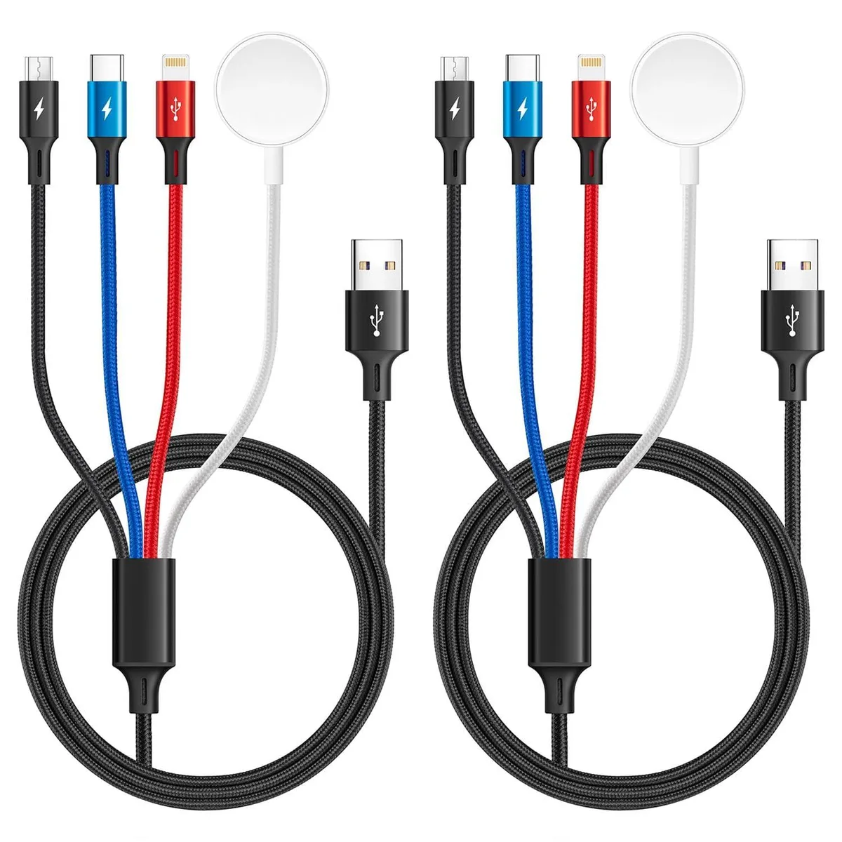 Black braided 4-in-1 cable with USB-C, Lightning, Micro-USB and magnetic Apple Watch connectors, 1.2 m length, two-pack