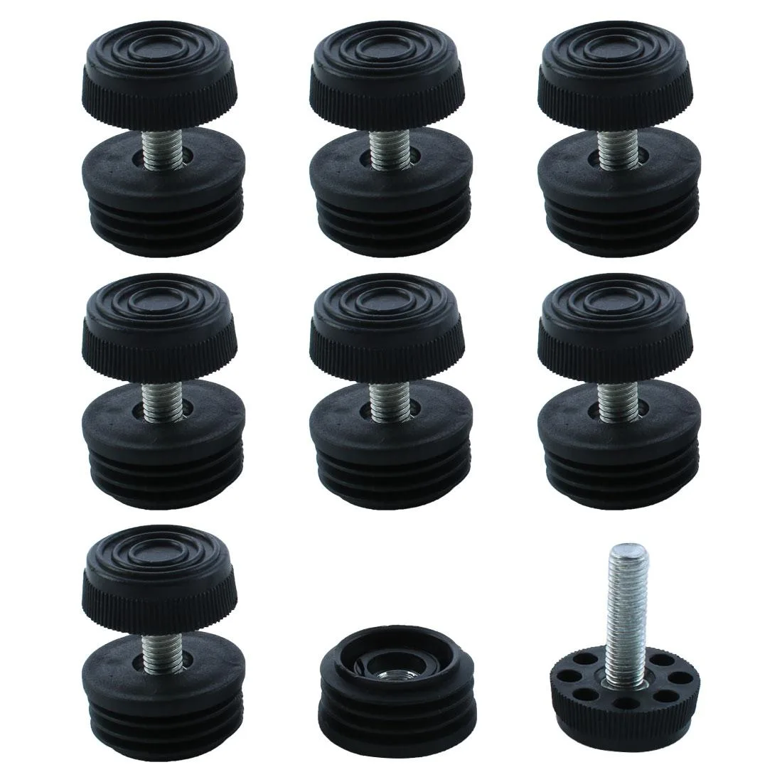 Eight sets of 32mm round tube inserts with adjustable threaded feet and plastic bases
