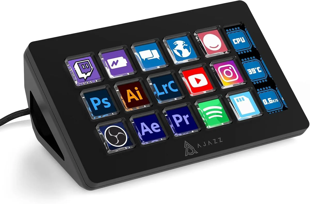 Black streaming controller with 15 LCD macro keys and side display on detachable stand