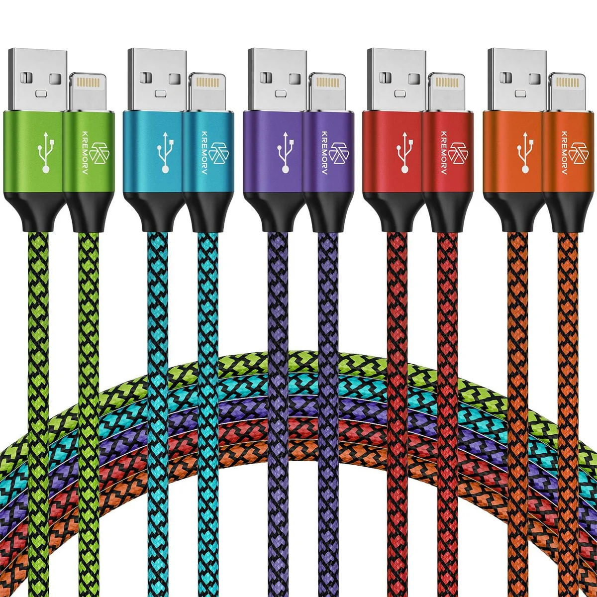 Five ten-foot braided Lightning cables in red, blue, green, purple and orange