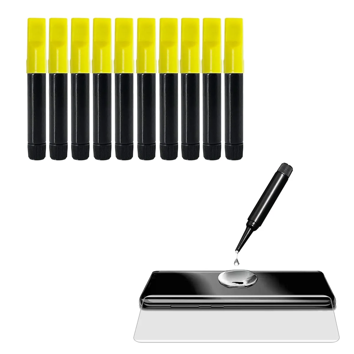 Ten small black adhesive tubes in a row