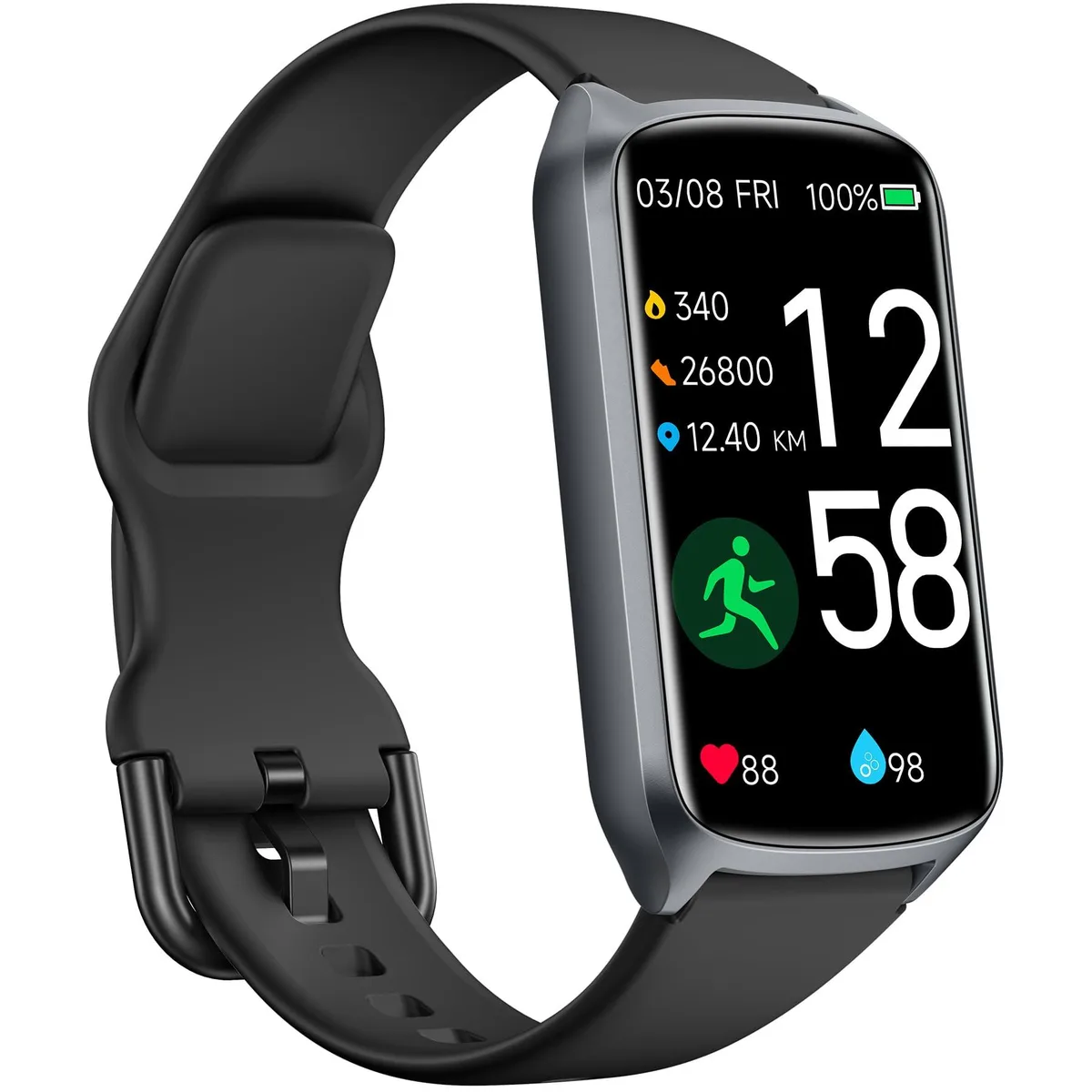 Space Black fitness tracker with 1.47 inch LCD touchscreen and black band