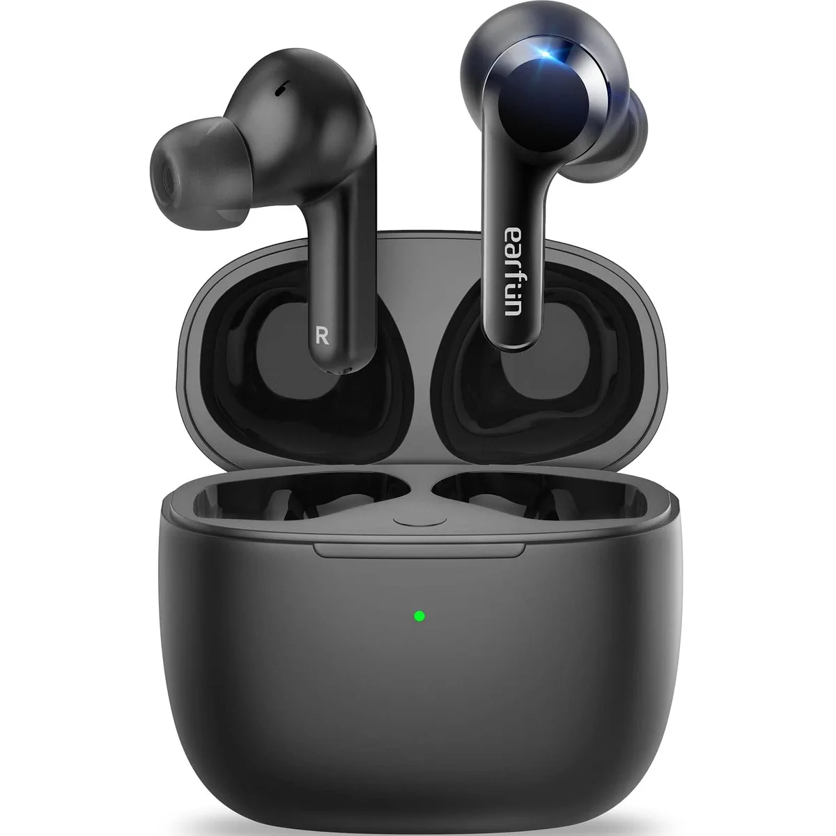 Black true wireless in-ear earbuds in a charging case