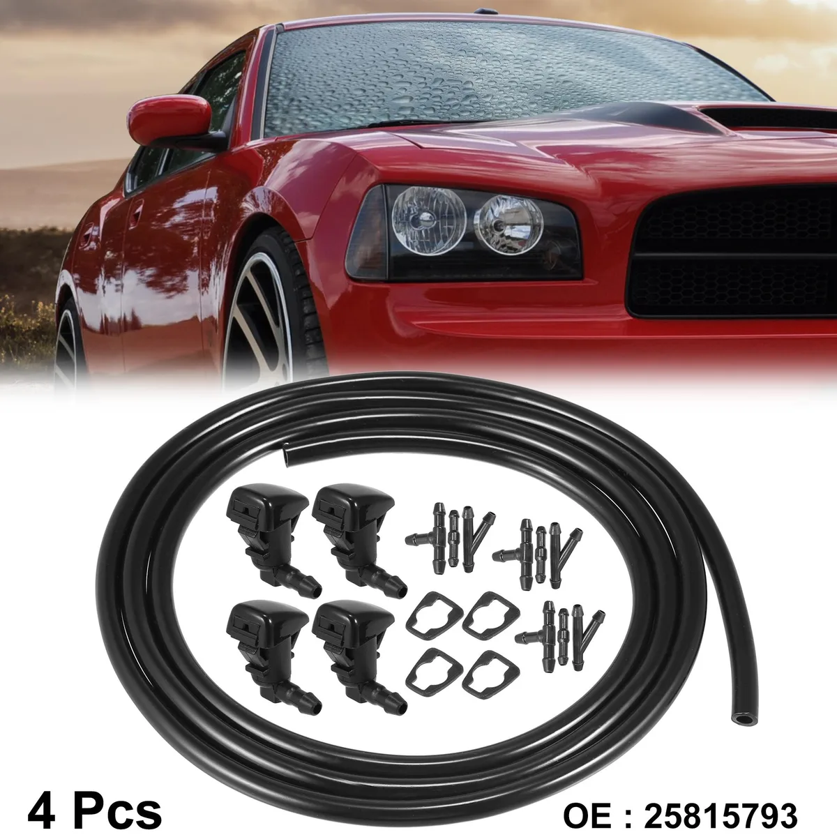 Black plastic windshield washer nozzle kit with hose and connectors