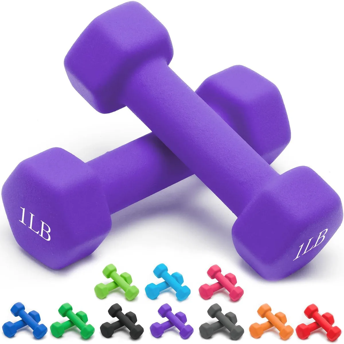 Two purple neoprene hex dumbbells with contoured handles