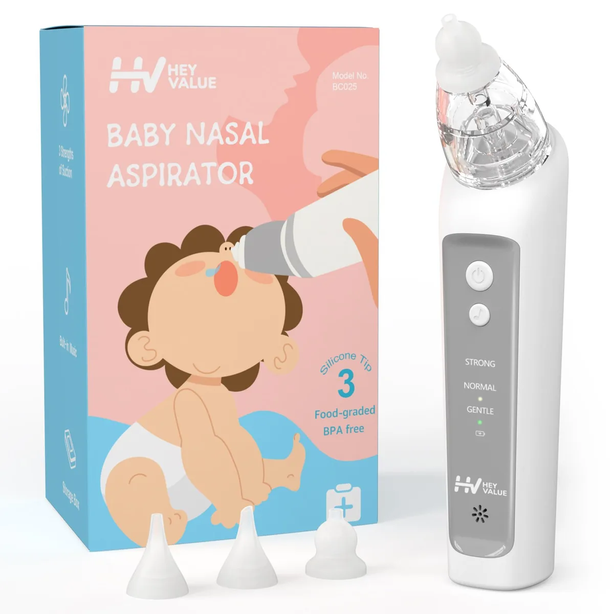 Grey electric nasal aspirator with three silicone tips and storage box