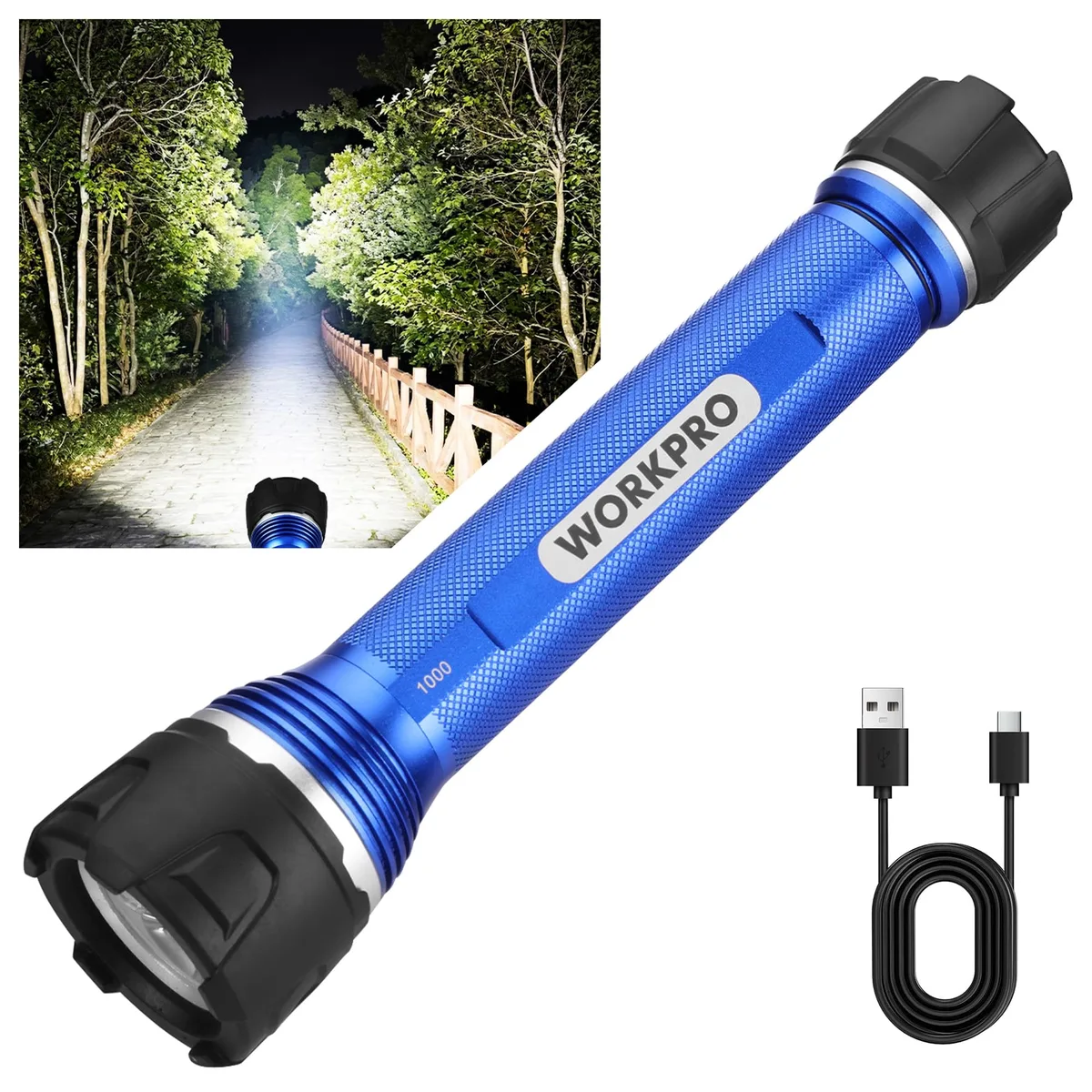 Cylindrical blue and black aluminium flashlight with rubber-protected head