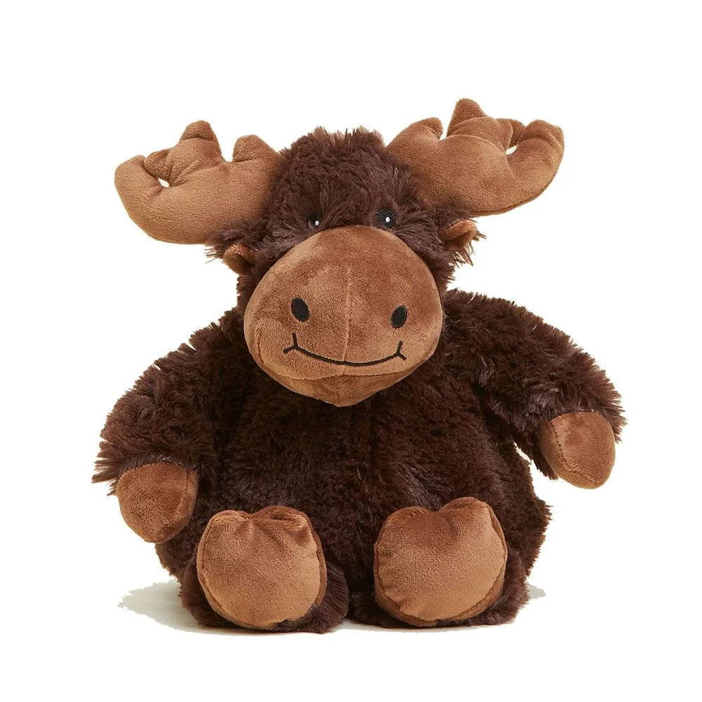 Brown plush moose toy with embroidered details, 13 inches