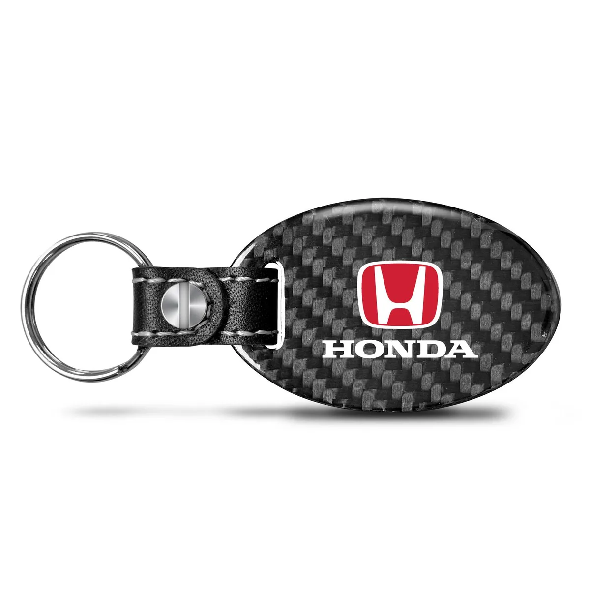 iPick Image, LLC iPick Image, LLC Honda Red Logo Real Carbon Fiber Large Oval Shape Key Chain Black Leather Strap — product photo