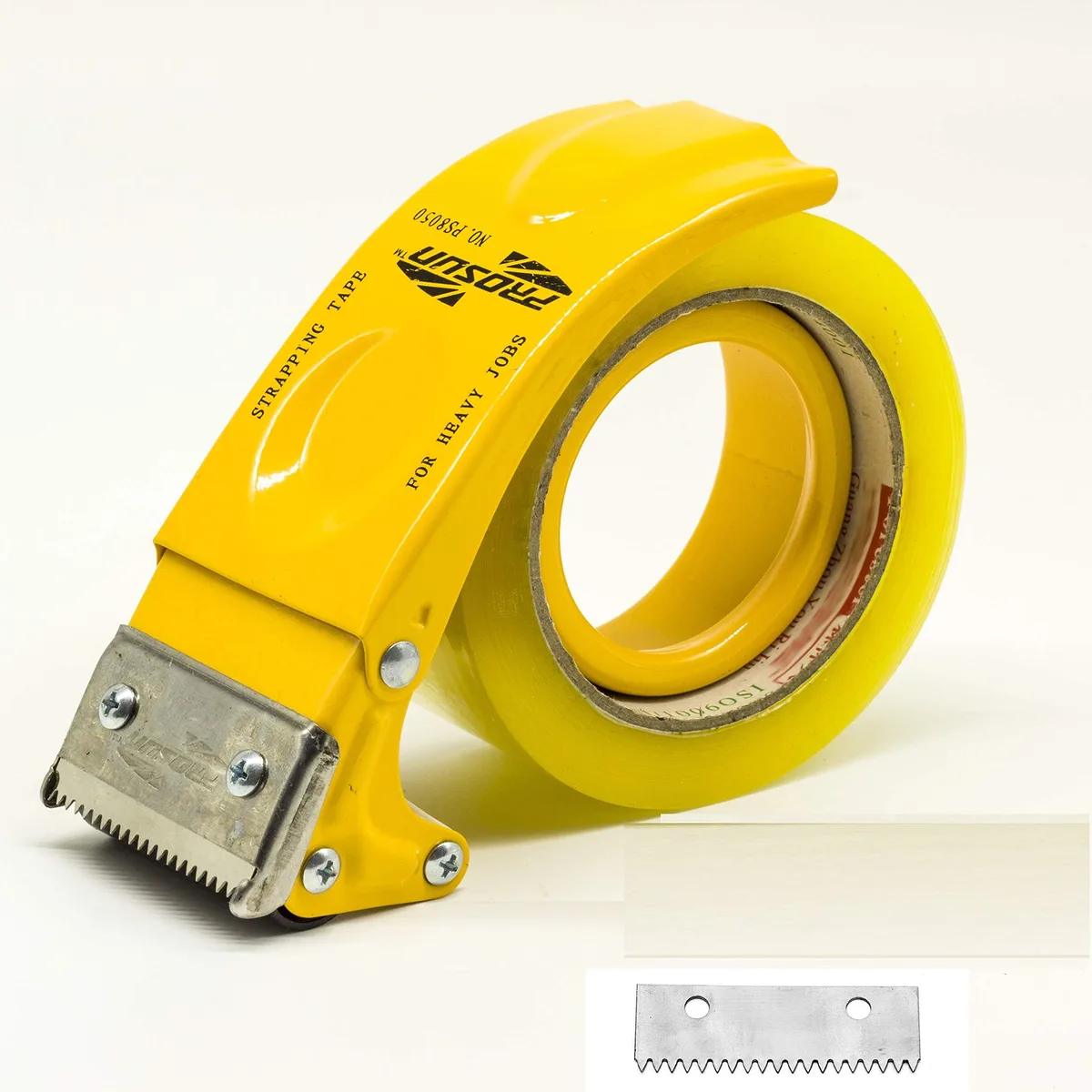 Yellow metal handheld tape dispenser with matte finish, ergonomic grip and serrated cutter blade