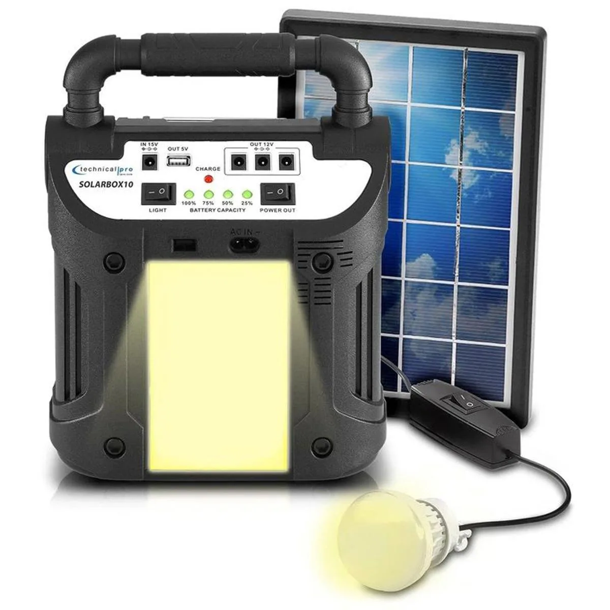 Rectangular solar power bank speaker with solar panel, LED lights, and shoulder strap